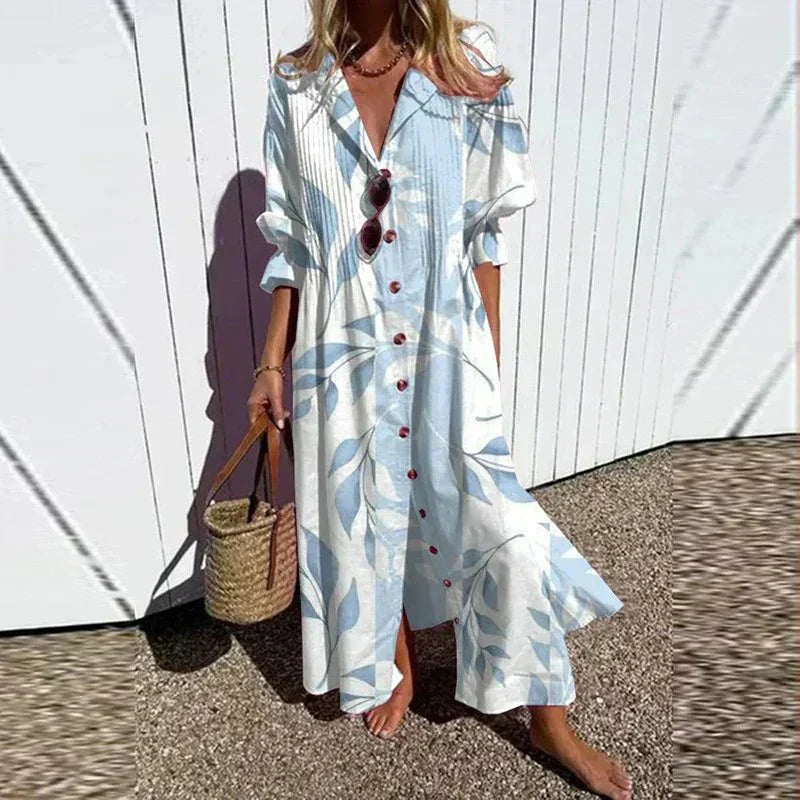 Rimmey Beachcomber boho dress with deep V-neckline and flowing layered skirt