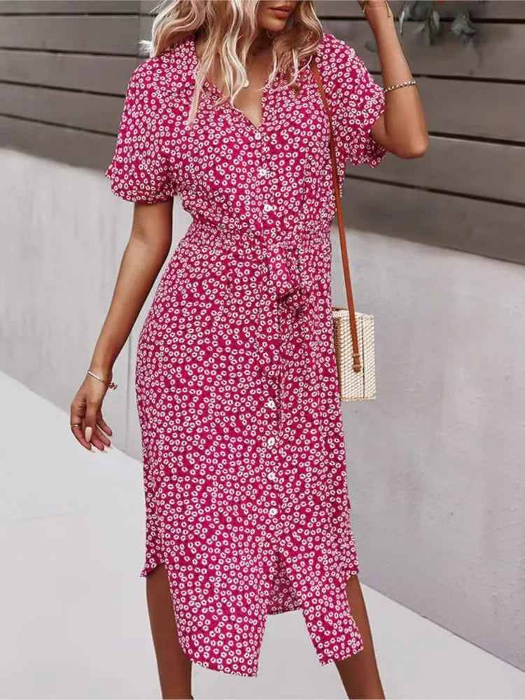 Madel Coastal Bloom floral midi dress with turn-down collar and mid-calf length