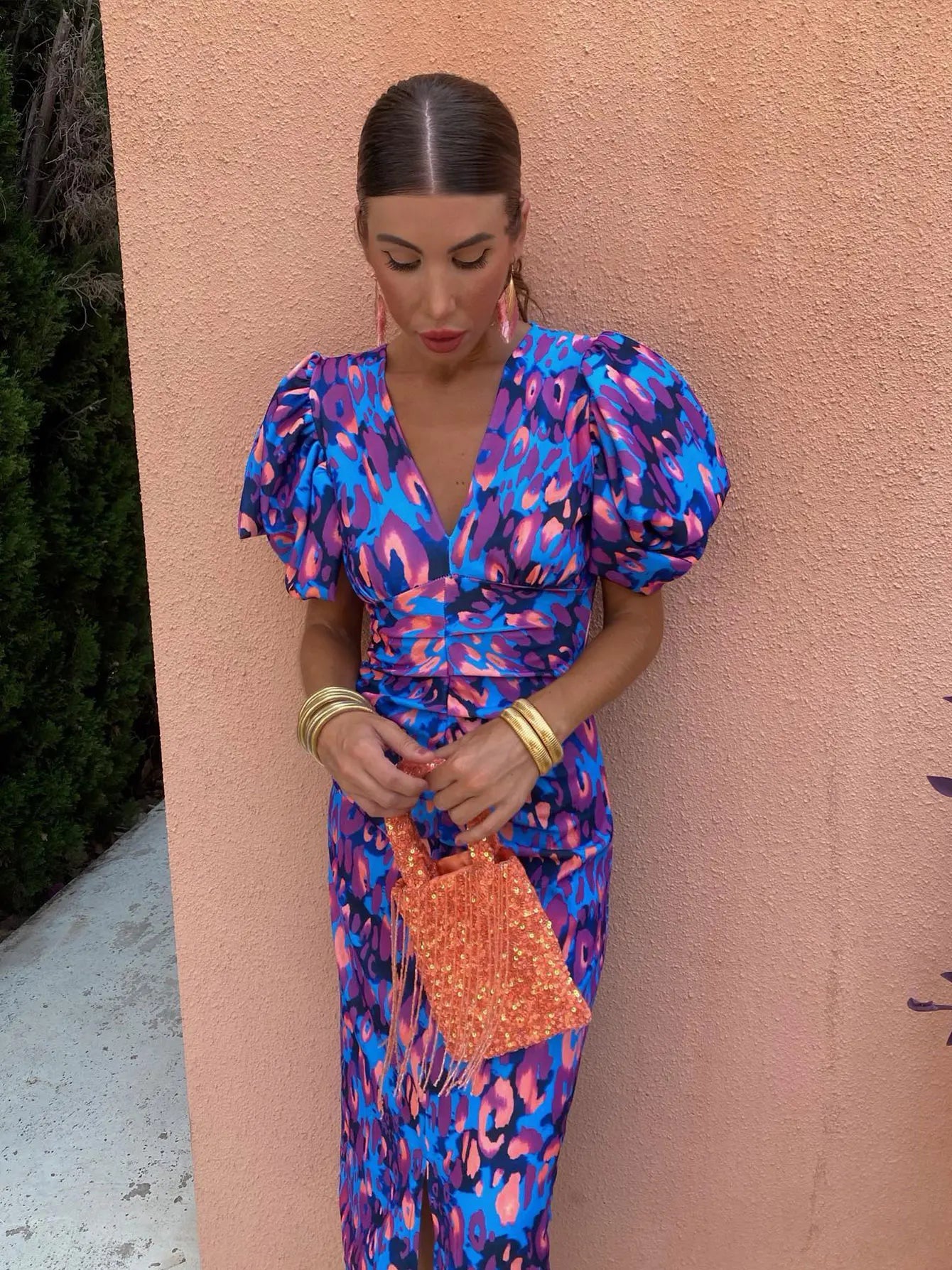 Giselle breezy floral midi dress with V-neckline and puff sleeves