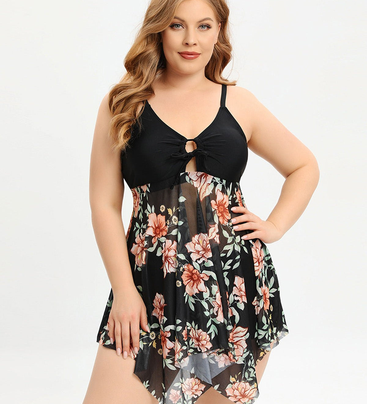 Mitch flattering swimdress set with asymmetric skirt and floral mesh detailing