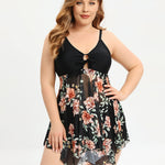 Mitch flattering swimdress set with asymmetric skirt and floral mesh detailing