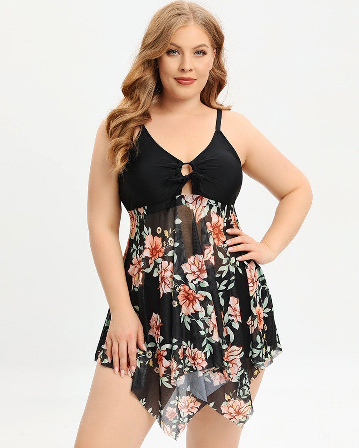 Mitch flattering swimdress set with asymmetric skirt and floral mesh detailing