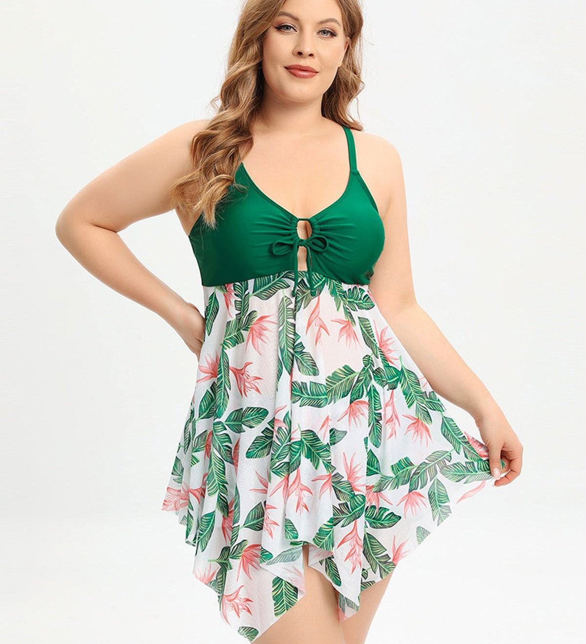 Mitch flattering swimdress set with asymmetric skirt and floral mesh detailing