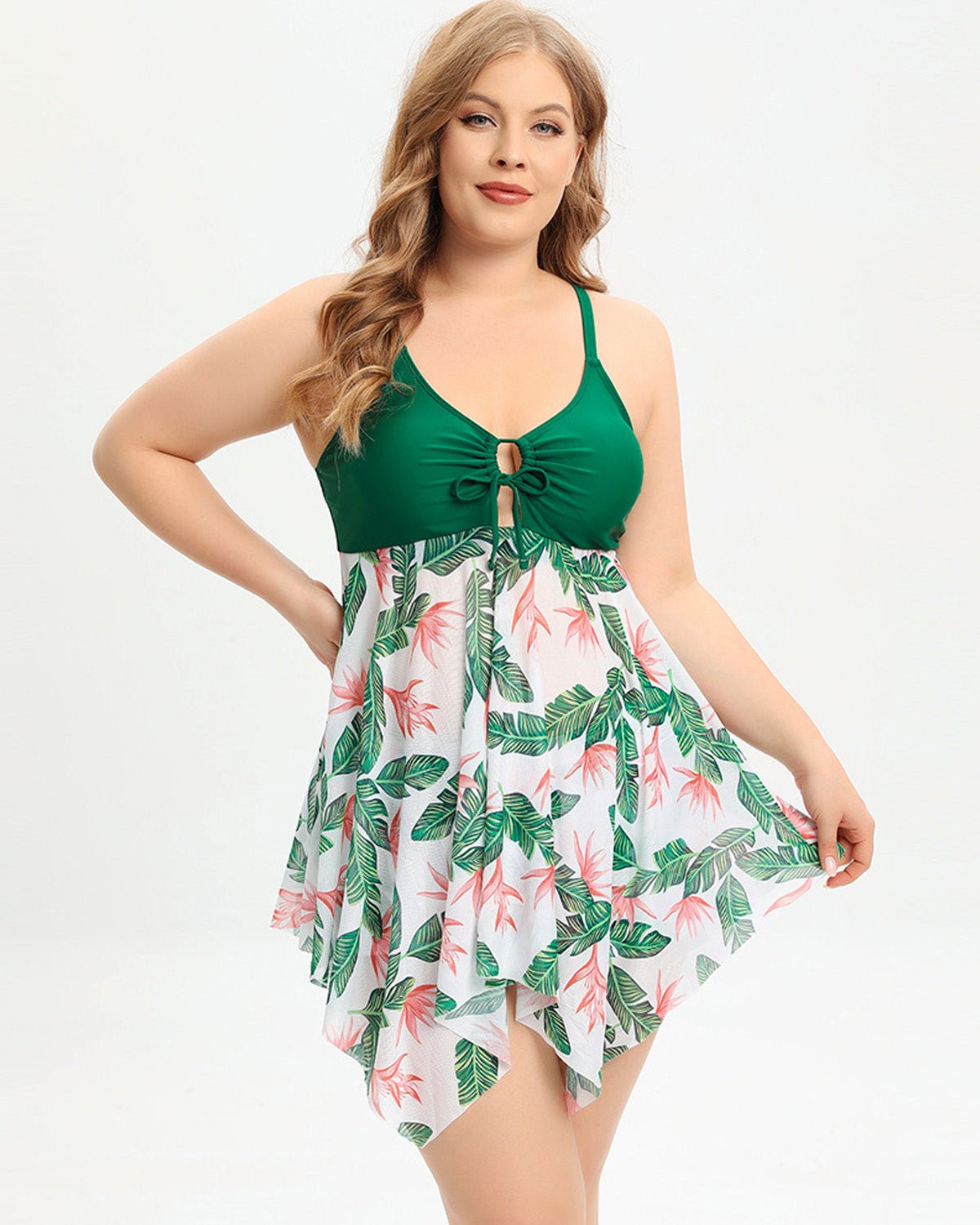 Mitch flattering swimdress set with asymmetric skirt and floral mesh detailing