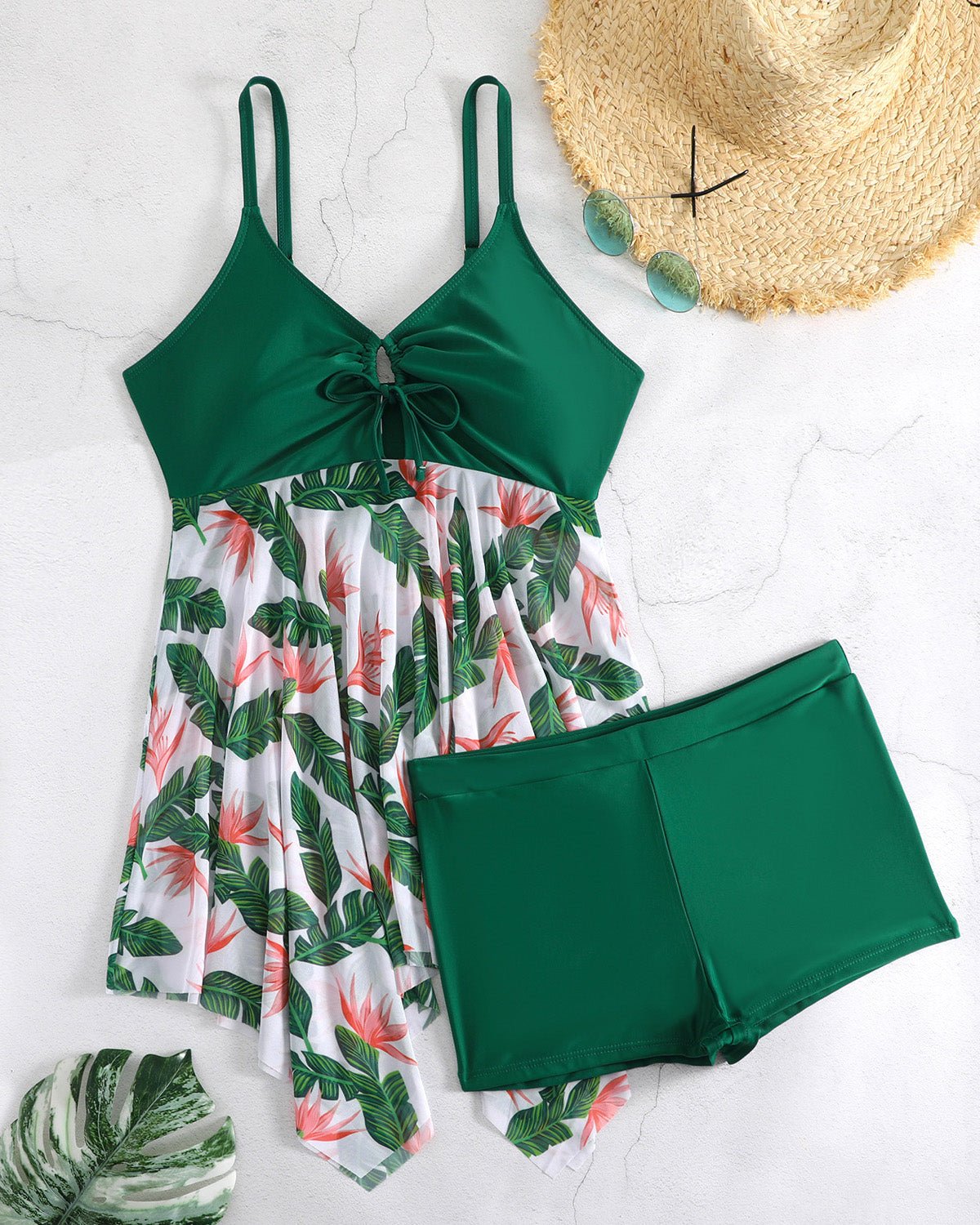 Mitch flattering swimdress set with asymmetric skirt and floral mesh detailing