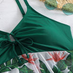 Mitch flattering swimdress set with asymmetric skirt and floral mesh detailing