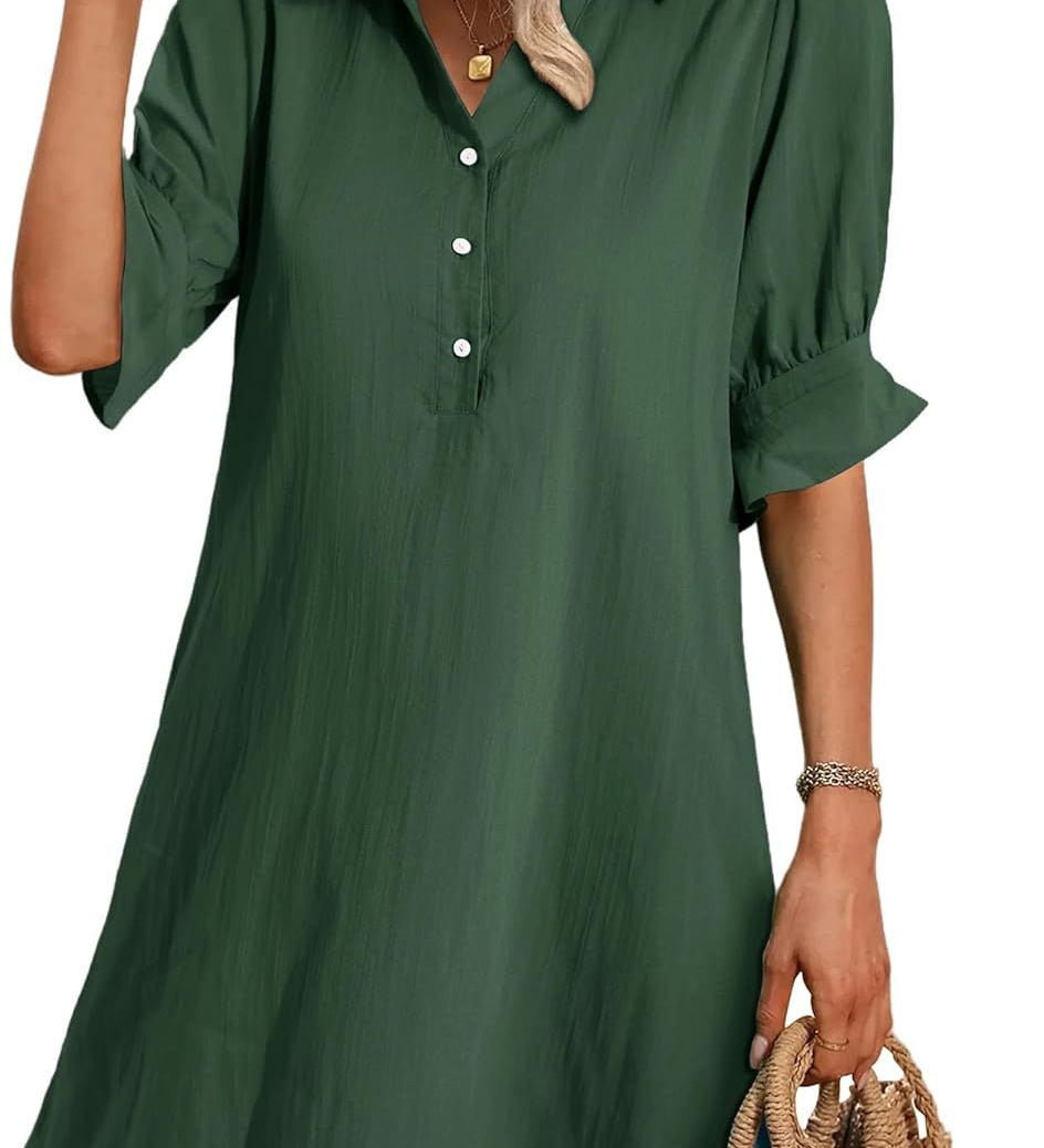 Cameron elegant ruffle button-down dress with feminine sleeves, shown in black