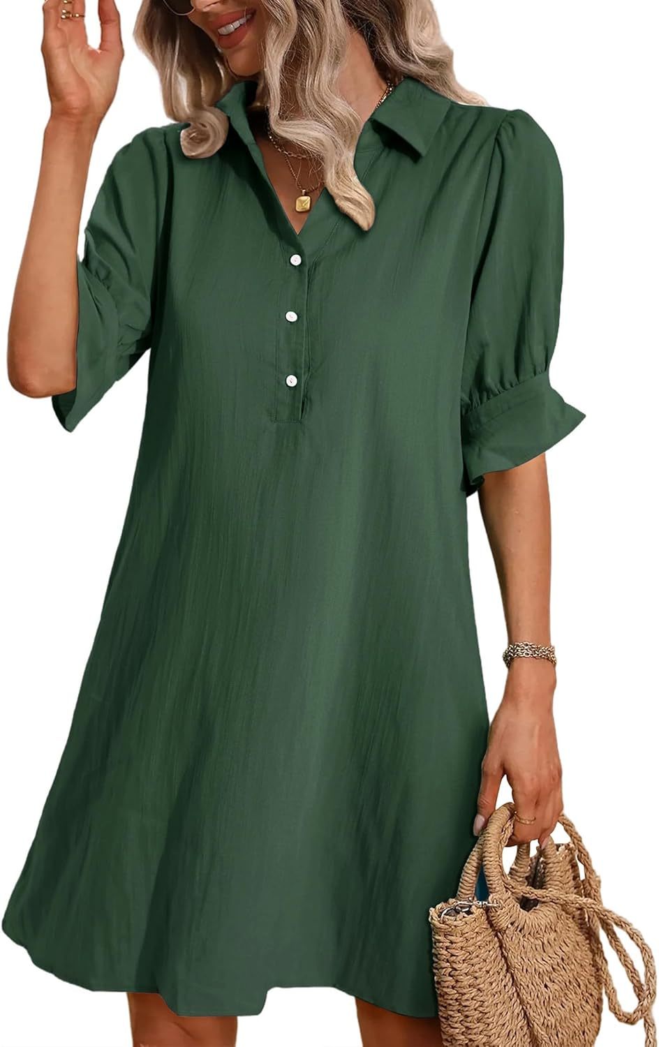Cameron elegant ruffle button-down dress with feminine sleeves, shown in black