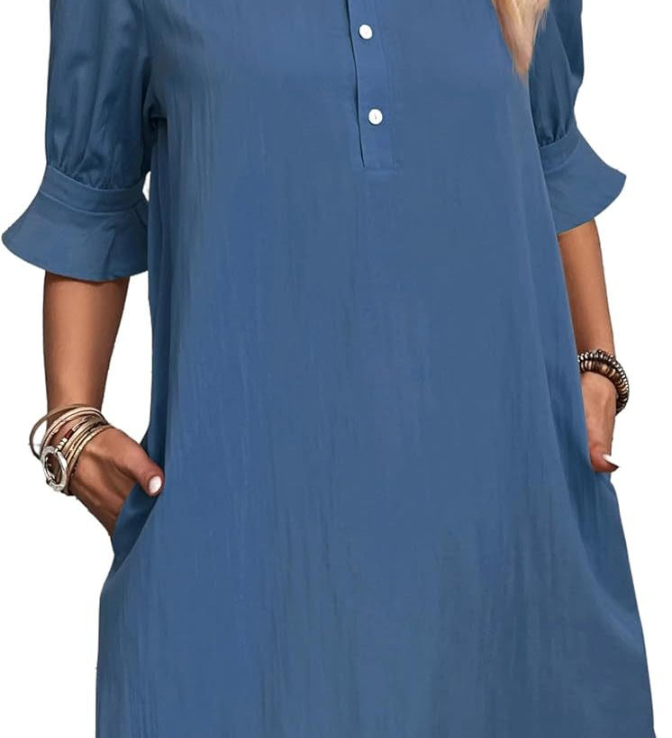 Cameron elegant ruffle button-down dress with feminine sleeves, shown in black