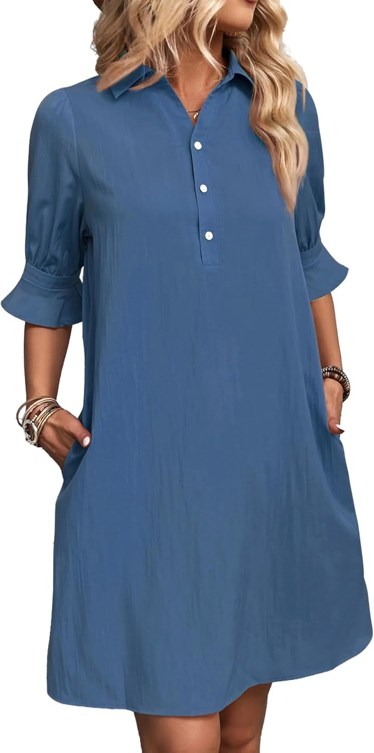 Cameron elegant ruffle button-down dress with feminine sleeves, shown in black