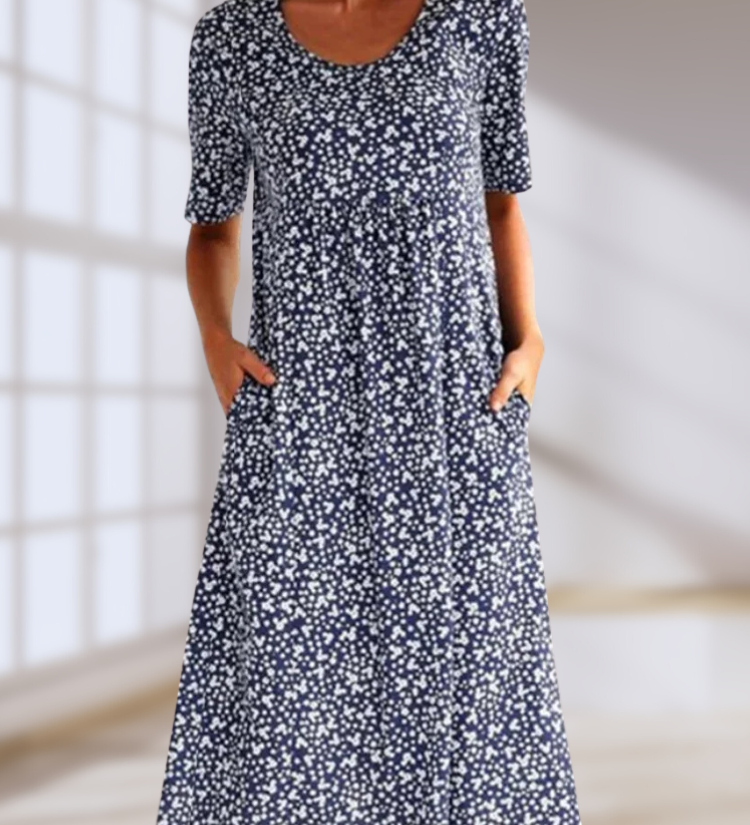 Lilo floral summer dress with mid-length cut and soft crew neckline