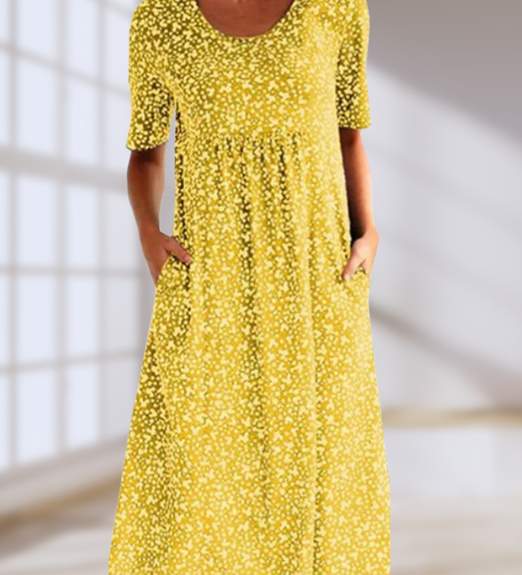 Lilo floral summer dress with mid-length cut and soft crew neckline