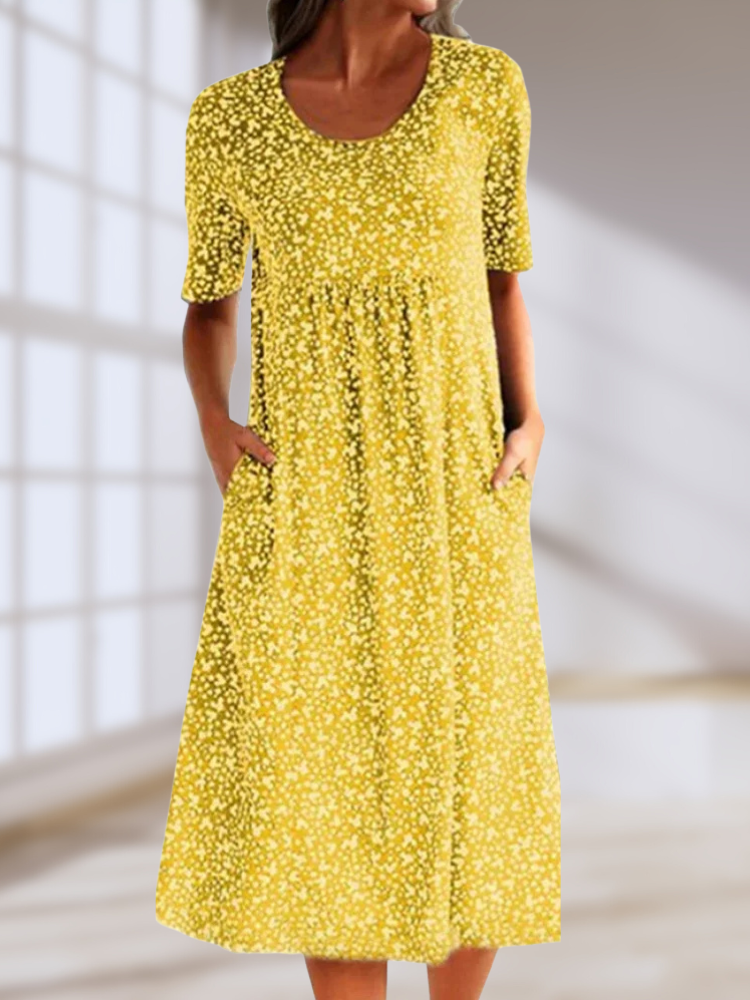 Lilo floral summer dress with mid-length cut and soft crew neckline