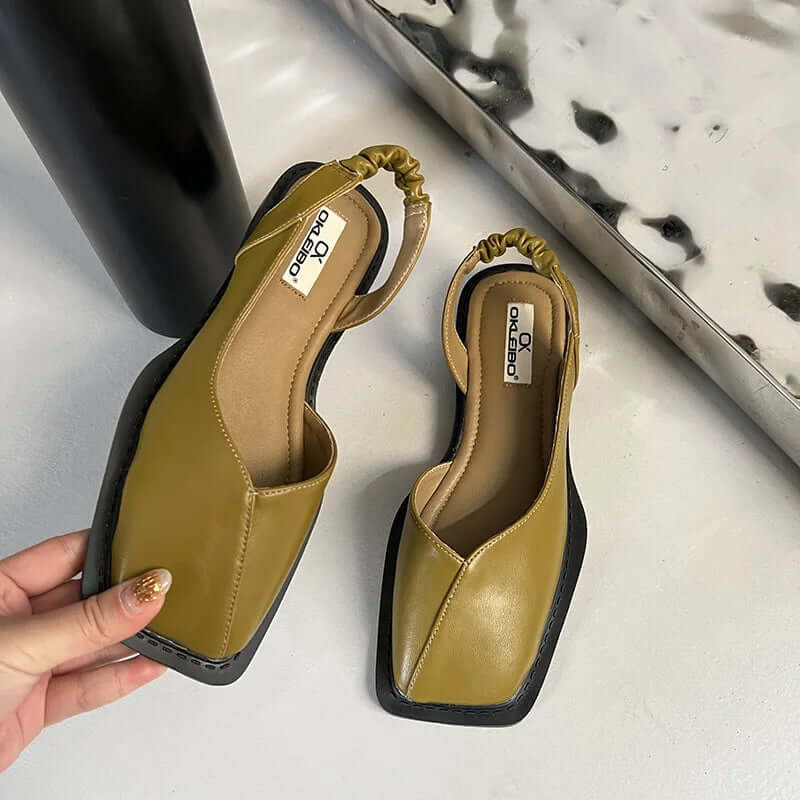 Sandy square toe slip-on flats with elastic back support in beige, black, green and zebra