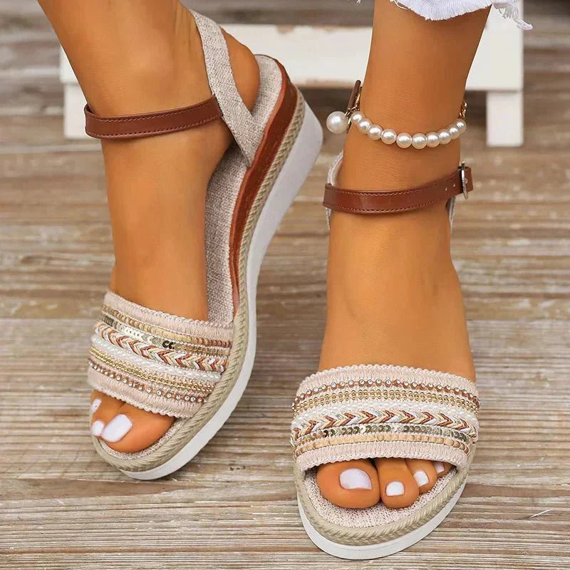 Mona Seaside Breeze boho sandals with woven detailing and adjustable ankle strap