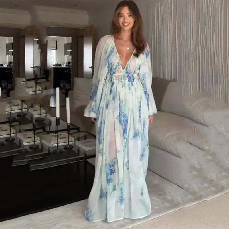 Athena blue floral chiffon maxi dress with lantern sleeves and adjustable straps