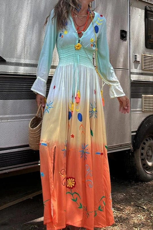 Demeter Dusk Bloom maxi dress with ombre floral print and V-neckline