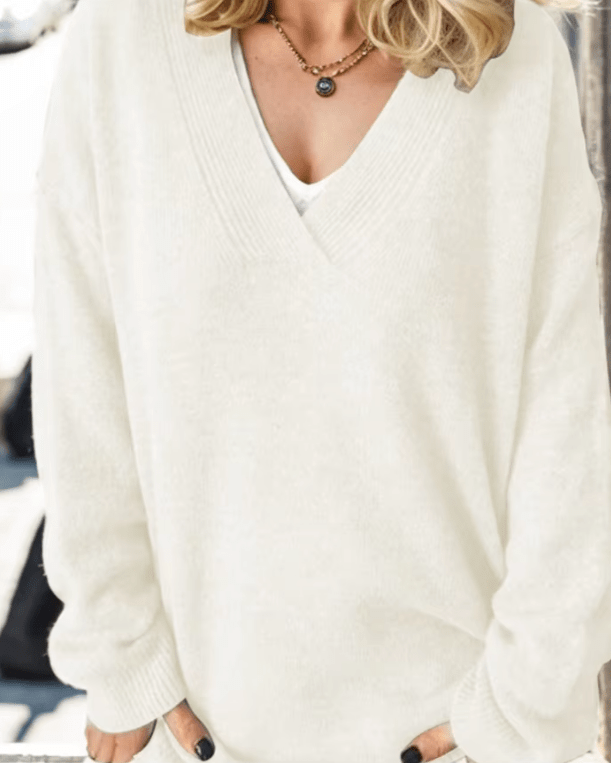 Delilah Haven knit sweater in a soft neutral tone, styled for cool-weather wear