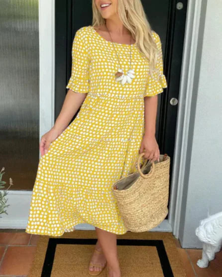 Zora short-sleeve summer midi dress in a relaxed, flowing silhouette