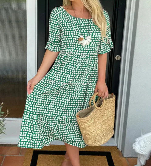 Zora short-sleeve summer midi dress in a relaxed, flowing silhouette
