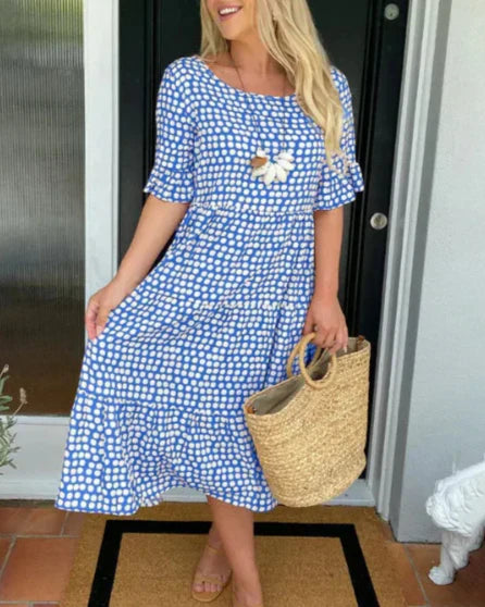 Zora short-sleeve summer midi dress in a relaxed, flowing silhouette