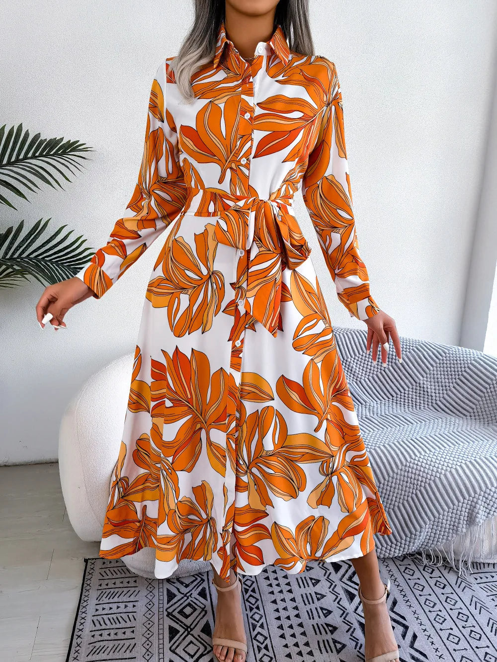 Lala floral shirt dress with button-down front and waist tie in a soft feminine print