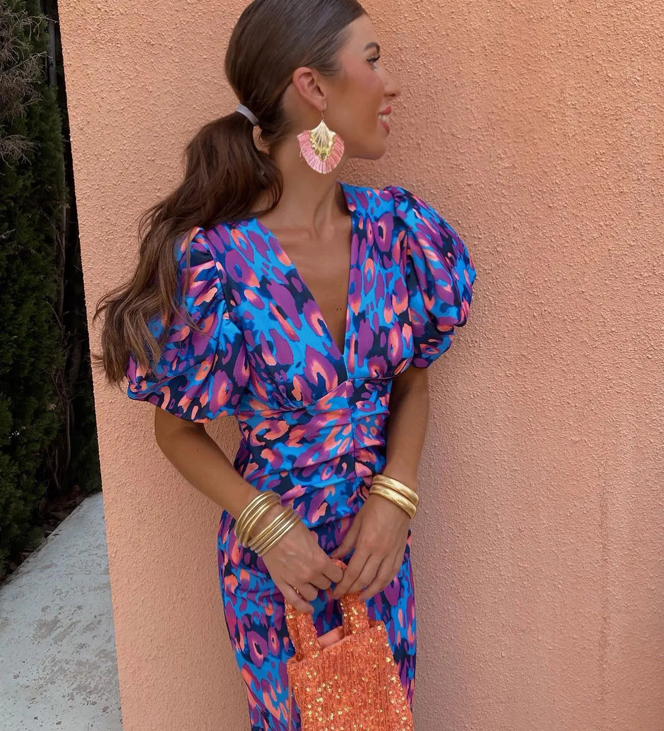 Giselle breezy floral midi dress with V-neckline and puff sleeves