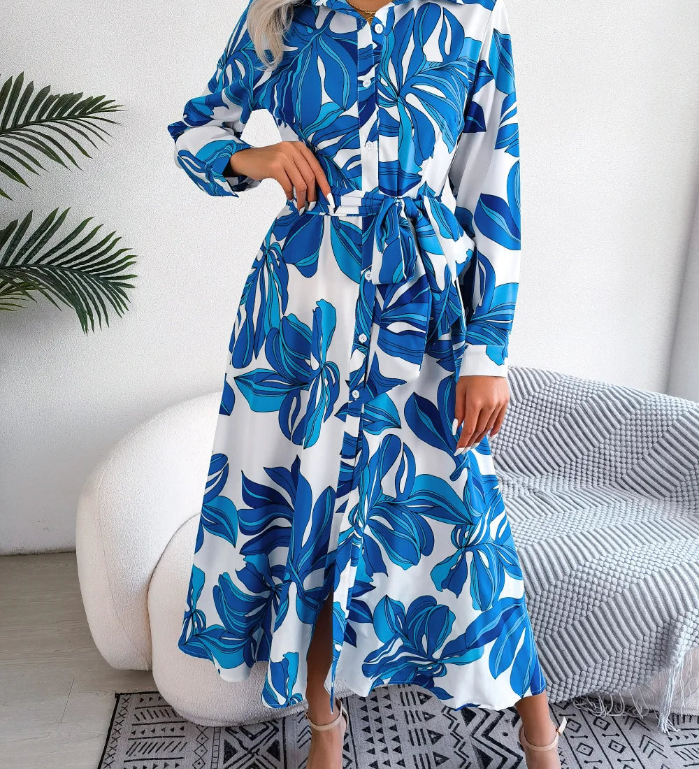 Lala floral shirt dress with button-down front and waist tie in a soft feminine print