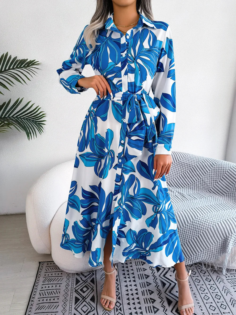 Lala floral shirt dress with button-down front and waist tie in a soft feminine print