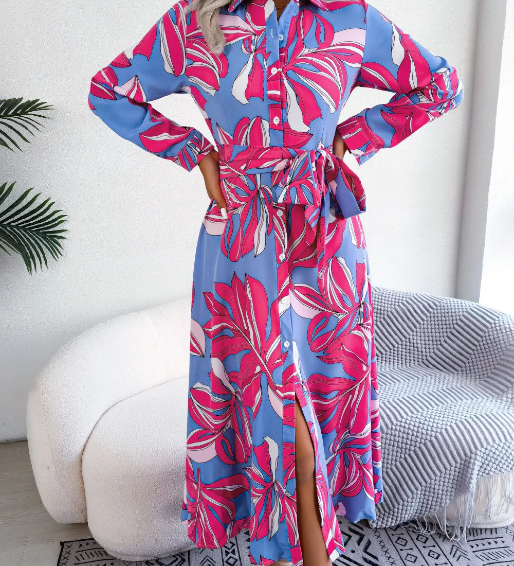 Lala floral shirt dress with button-down front and waist tie in a soft feminine print