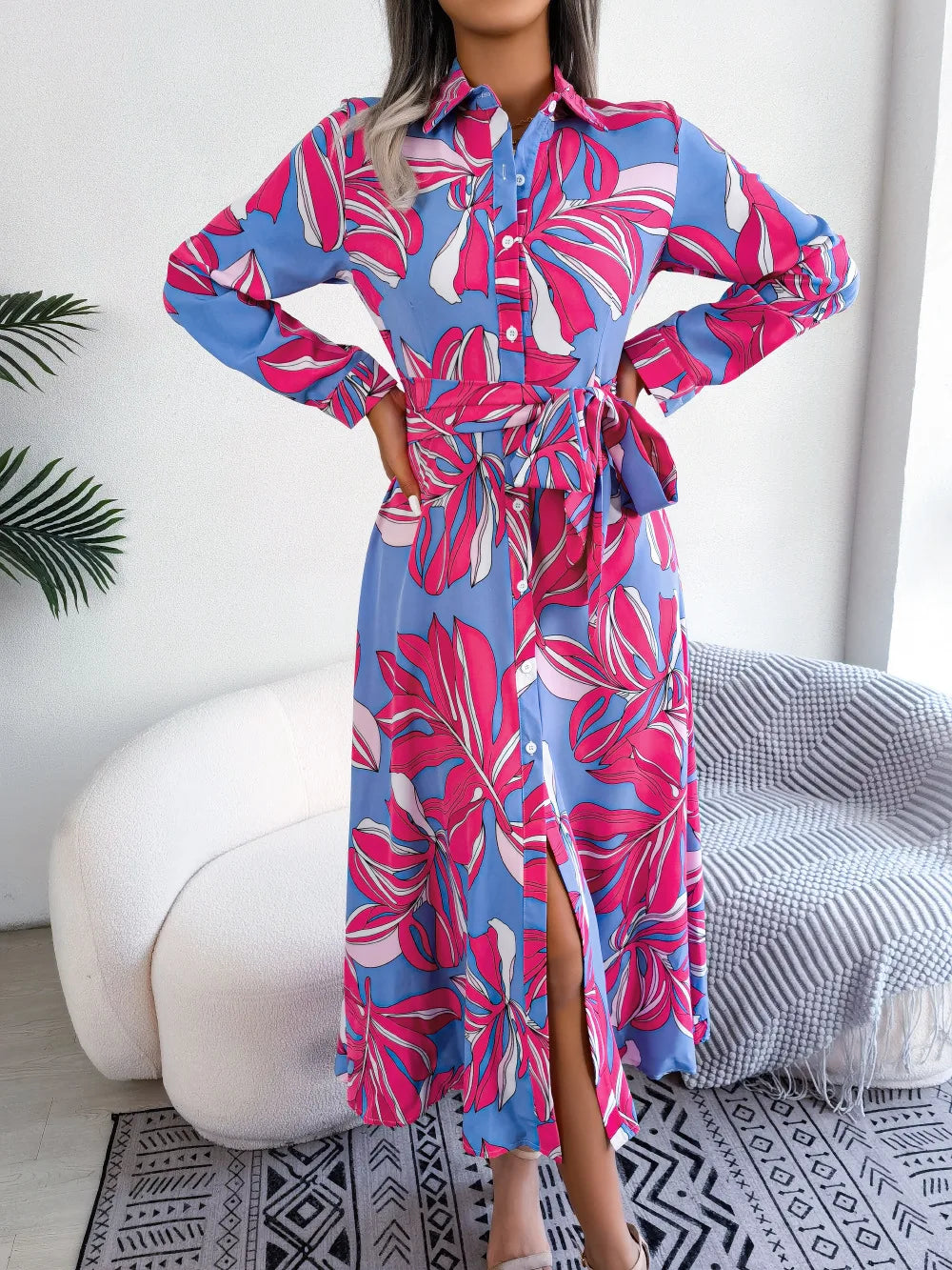 Lala floral shirt dress with button-down front and waist tie in a soft feminine print