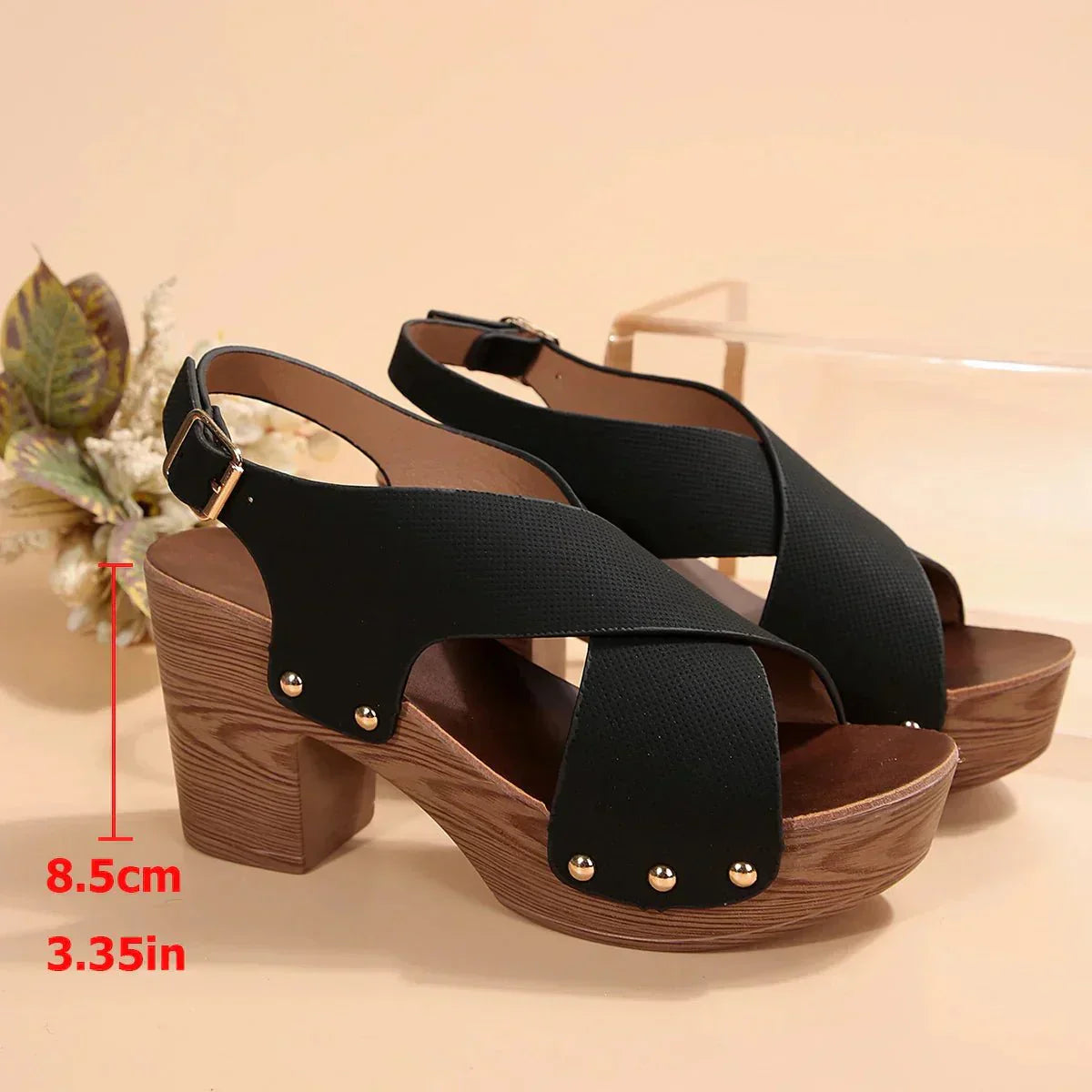 Pula Sunset platform sandals with block heel, crisscross straps and metallic rivet accents