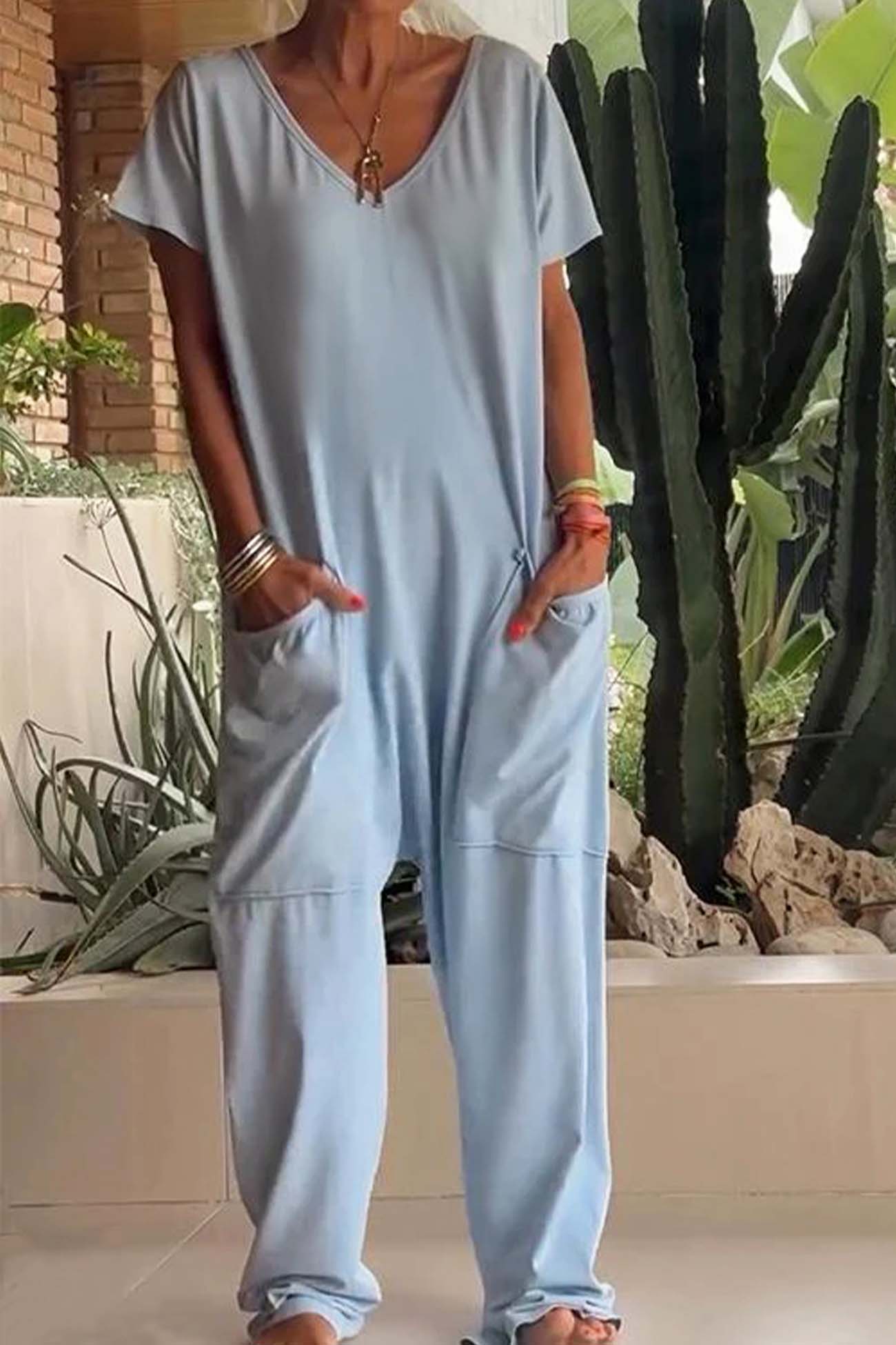 Serena relaxed-fit jumpsuit with deep V-neckline shown in a soft colourway