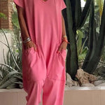 Serena relaxed-fit jumpsuit with deep V-neckline shown in a soft colourway