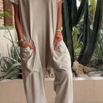Serena relaxed-fit jumpsuit with deep V-neckline shown in a soft colourway