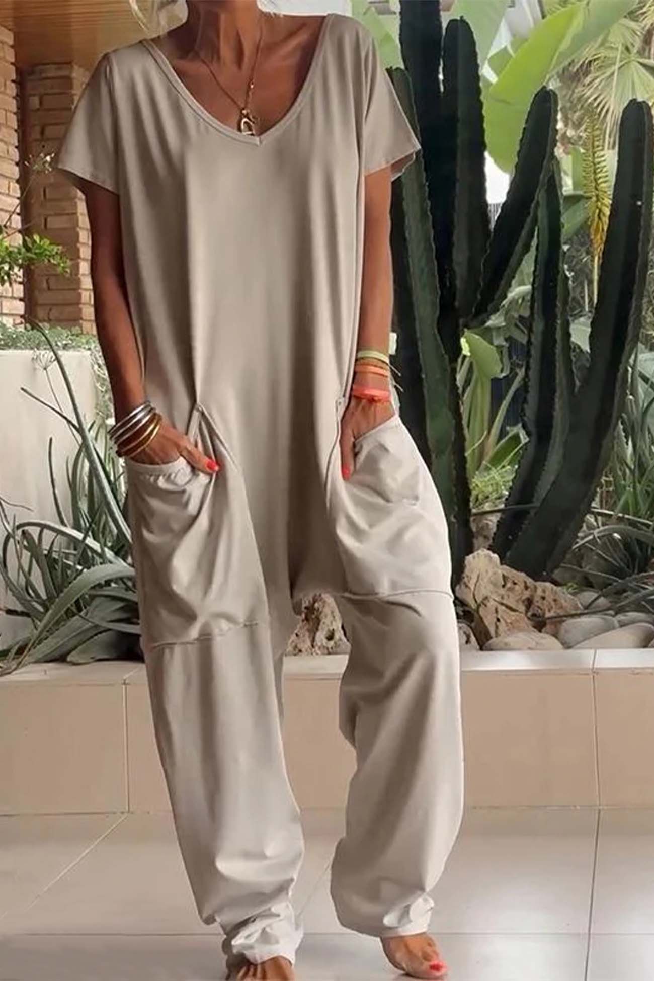 Serena relaxed-fit jumpsuit with deep V-neckline shown in a soft colourway