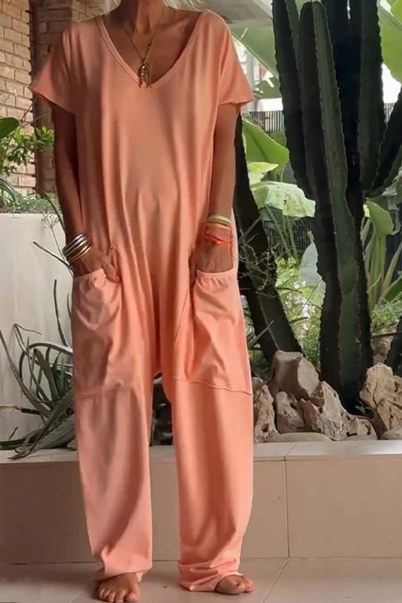 Serena relaxed-fit jumpsuit with deep V-neckline shown in a soft colourway