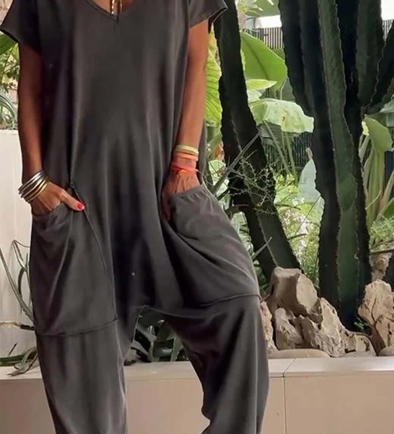 Serena relaxed-fit jumpsuit with deep V-neckline shown in a soft colourway