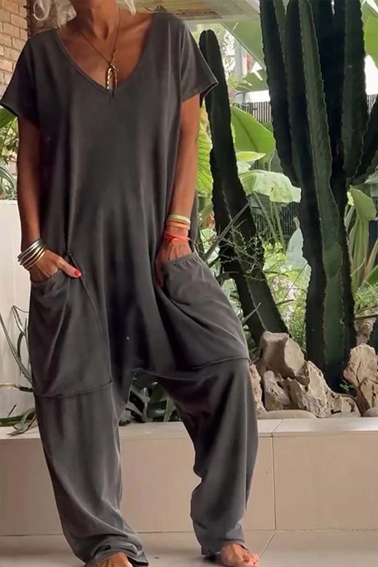 Serena relaxed-fit jumpsuit with deep V-neckline shown in a soft colourway