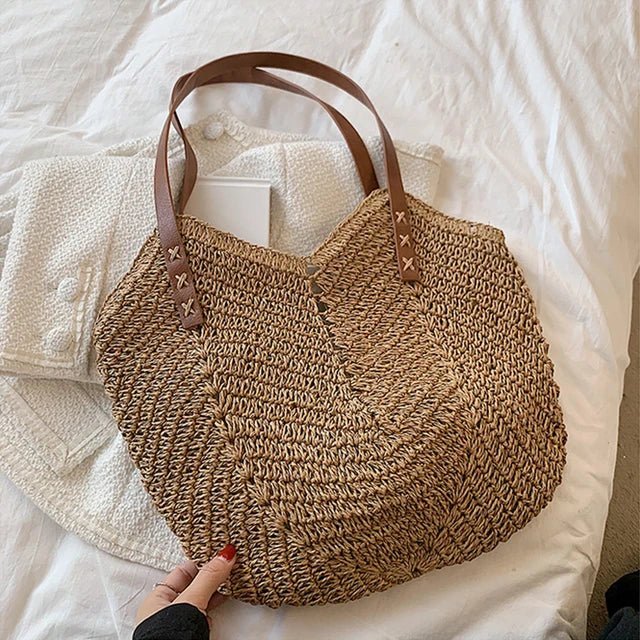 Holly boho woven straw shoulder bag in natural tones