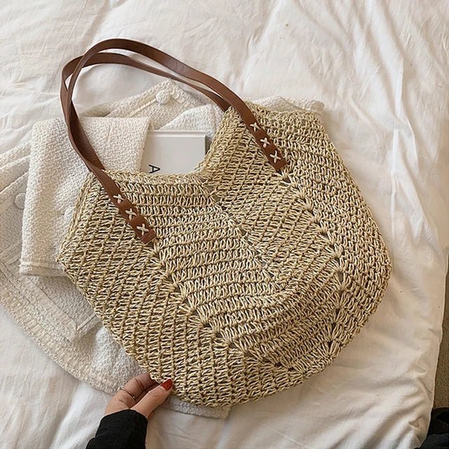 Holly boho woven straw shoulder bag in natural tones