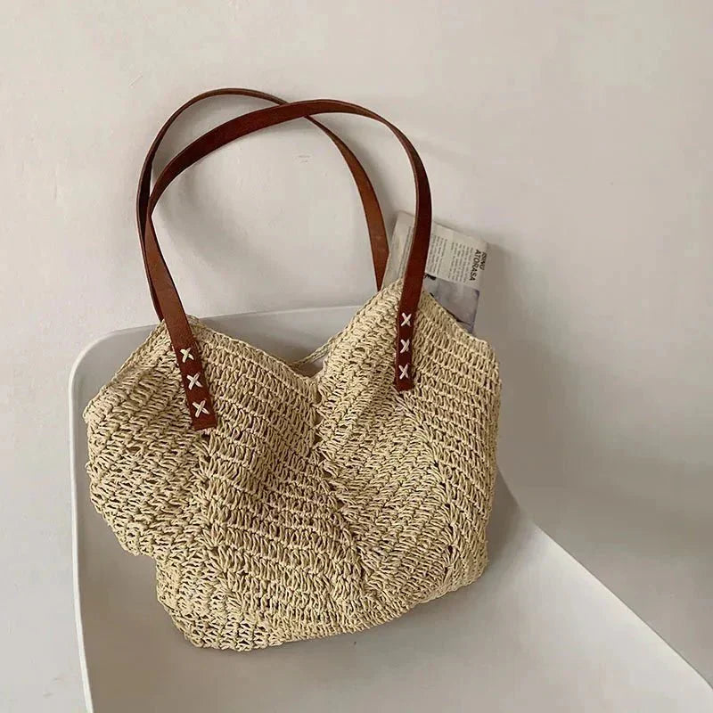 Holly boho woven straw shoulder bag in natural tones