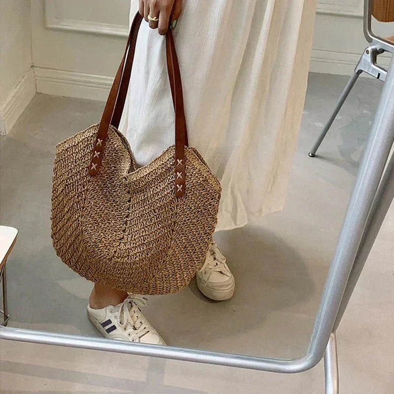 Holly boho woven straw shoulder bag in natural tones
