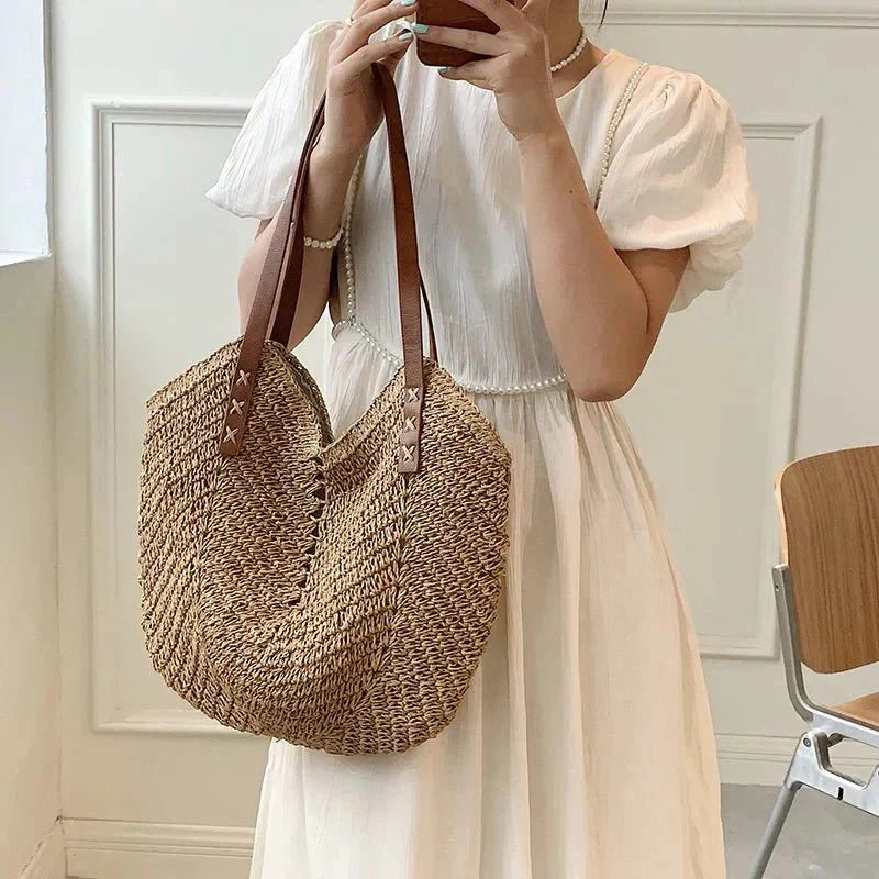 Holly boho woven straw shoulder bag in natural tones