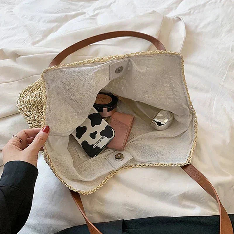 Holly boho woven straw shoulder bag in natural tones