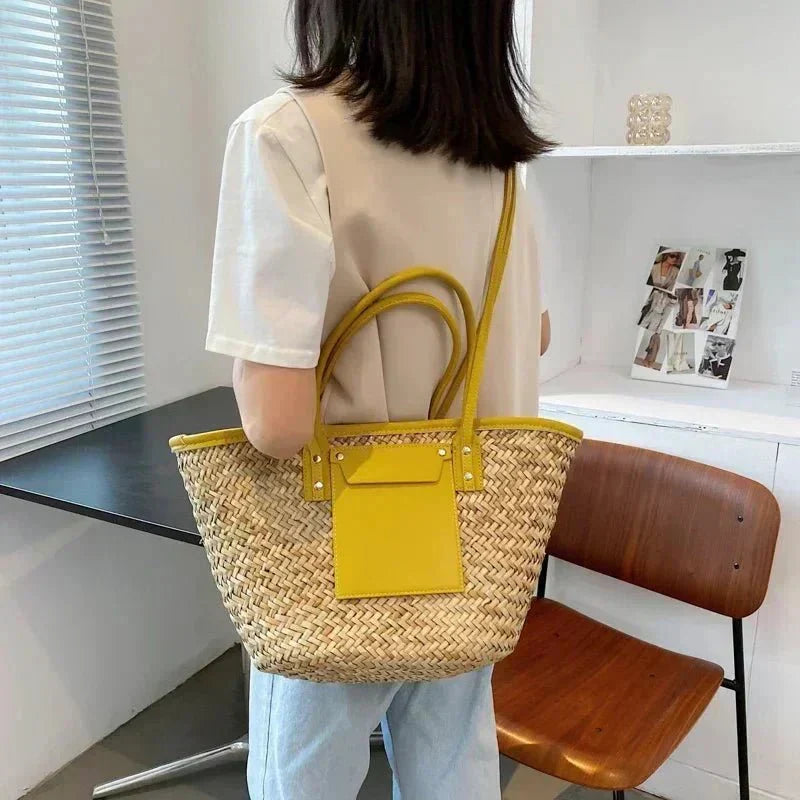 Violet large woven straw beach tote bag with top handles
