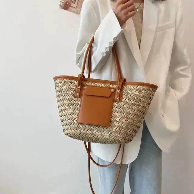 Violet large woven straw beach tote bag with top handles