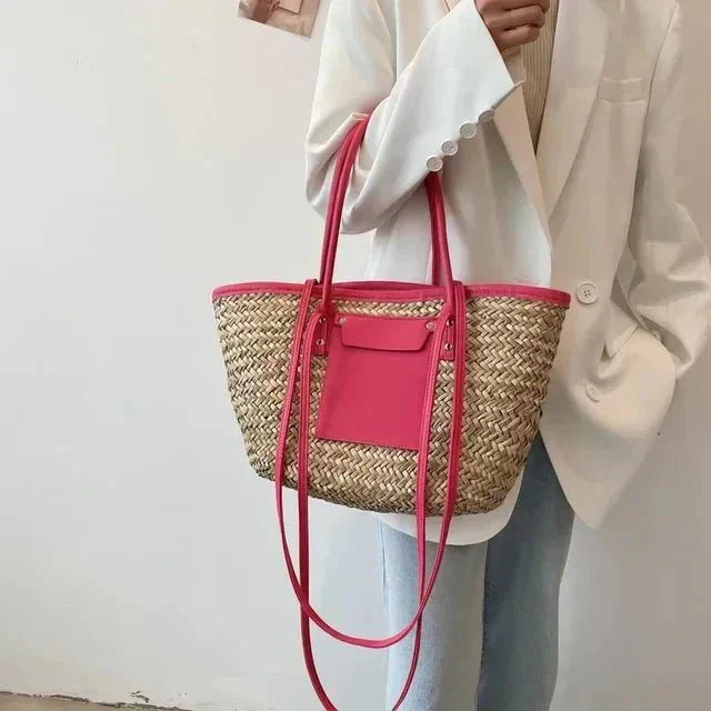 Violet large woven straw beach tote bag with top handles