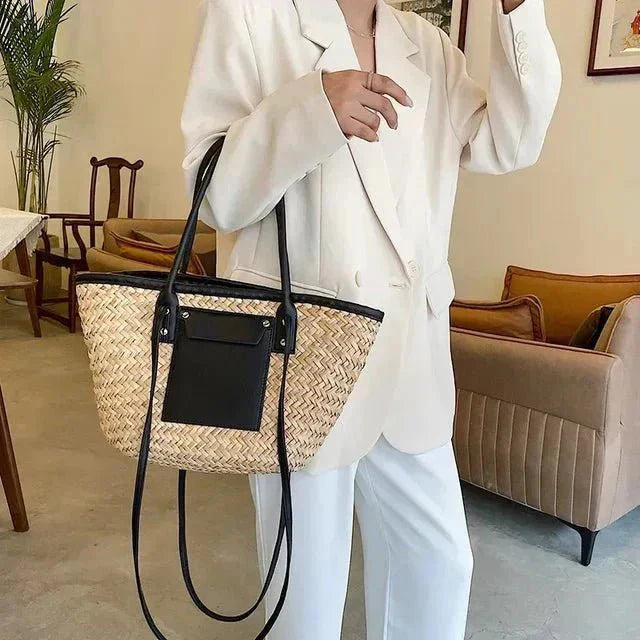 Violet large woven straw beach tote bag with top handles