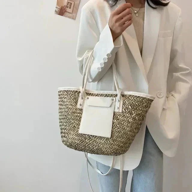 Violet large woven straw beach tote bag with top handles